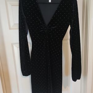Leith Velvety Black Long Sleeve Dress with Silver Accents